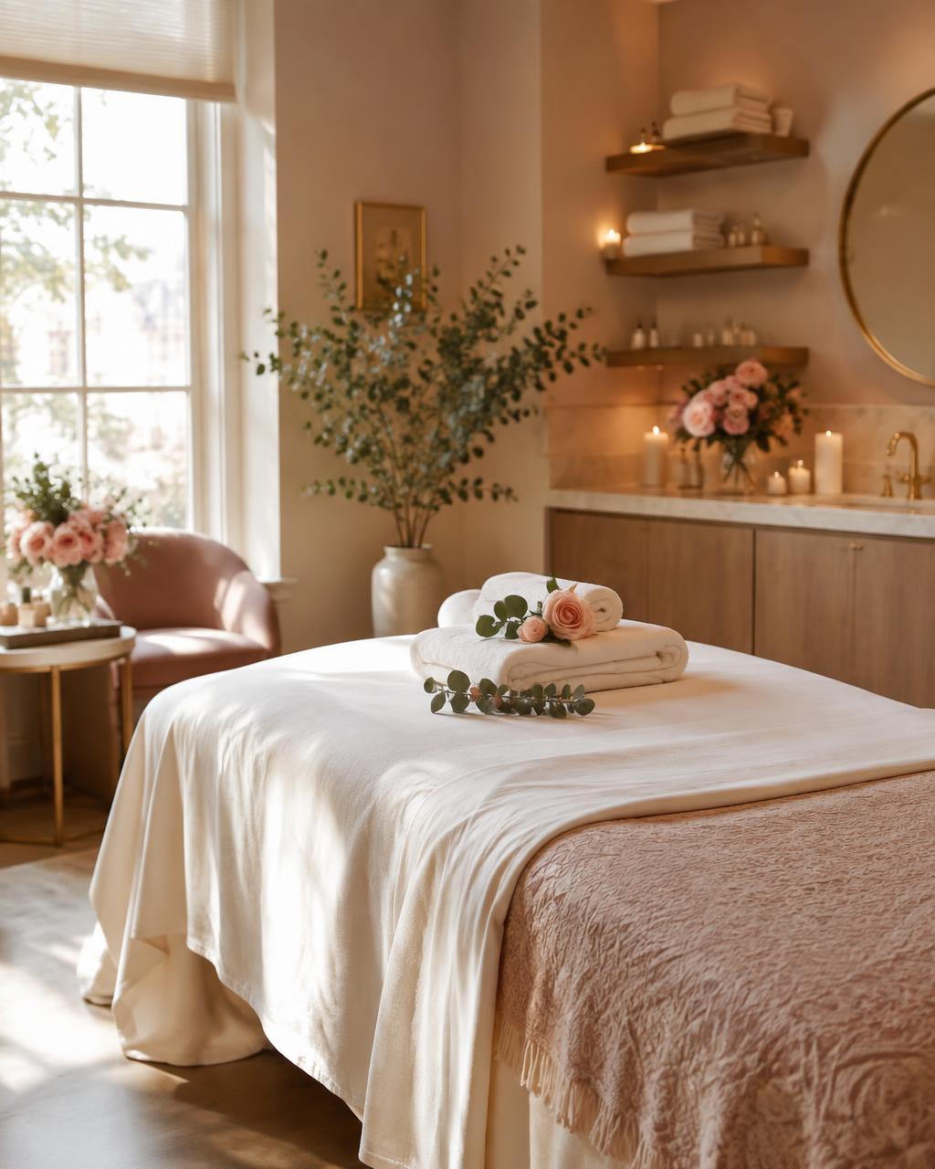 Sala de massagem acolhedora com maca, toalhas e flores